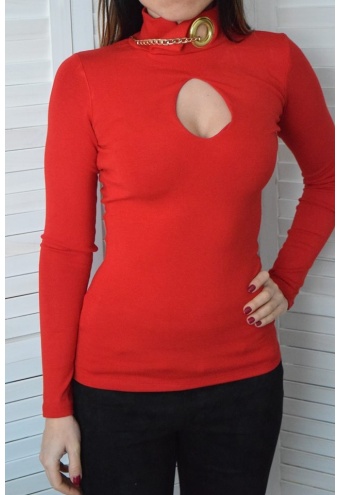 Elegantné rolákové tričko so zlatou ozdobou - červená