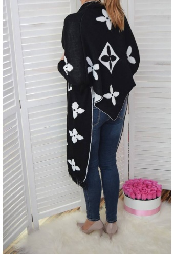 Asymetrický teplý kardigan zakončený strapcami -čierna/biela