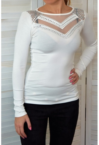 Elegantné biele tričko s dlhým rukávom s ozdobnými kamienkami